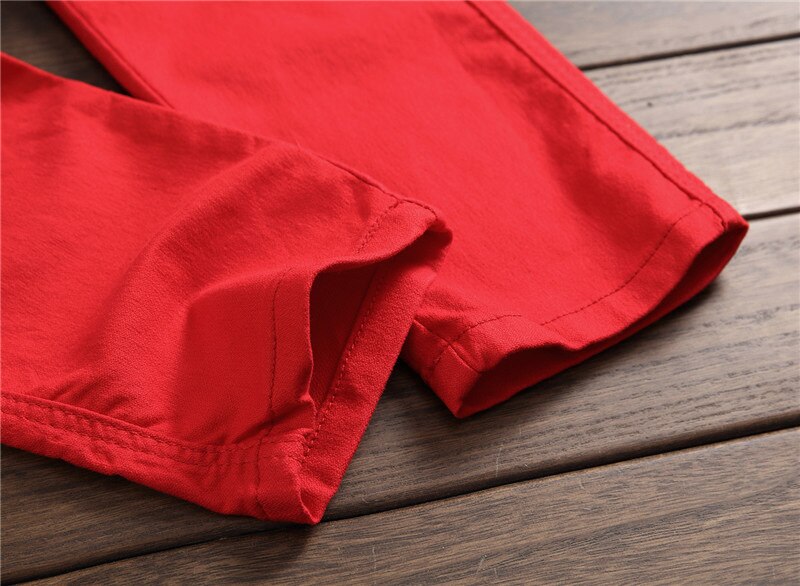 Europæisk amerikansk stil luksus herre røde jeans lommer slanke afslappede lommer denim jeans bukser til mænd