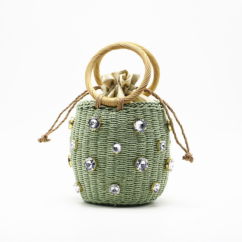 Sommer rund rattan håndlavet diamant perle taske boheme fritid strå taske spand strikning skulder crossbody perler strandtaske