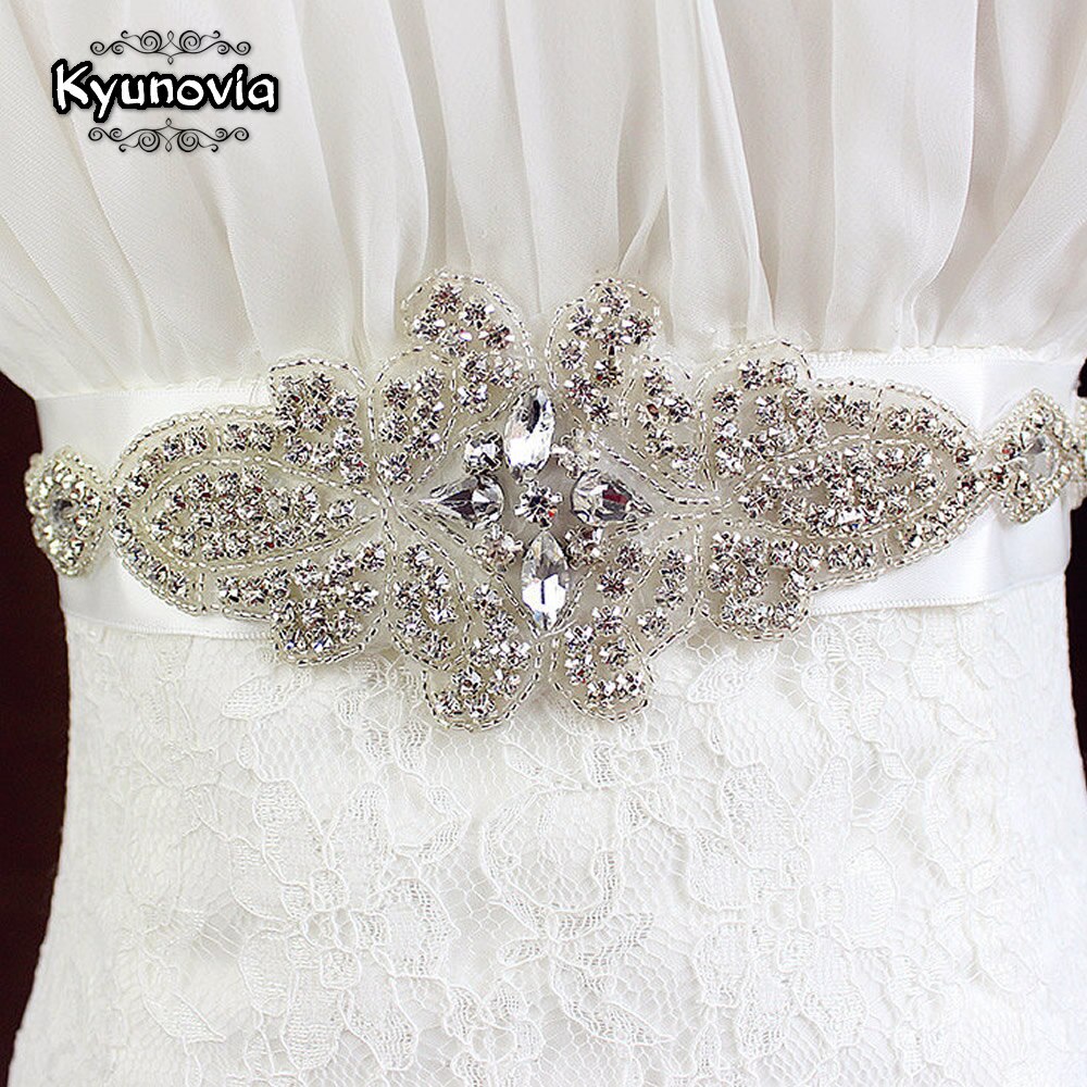 Cinturón de novia de cristal plateado de Kyunovia, faja nupcial para boda, cinturón de diamantes de imitación, cinturón baile graduación, faja nupcial con cuentas, faja de aplicación D31