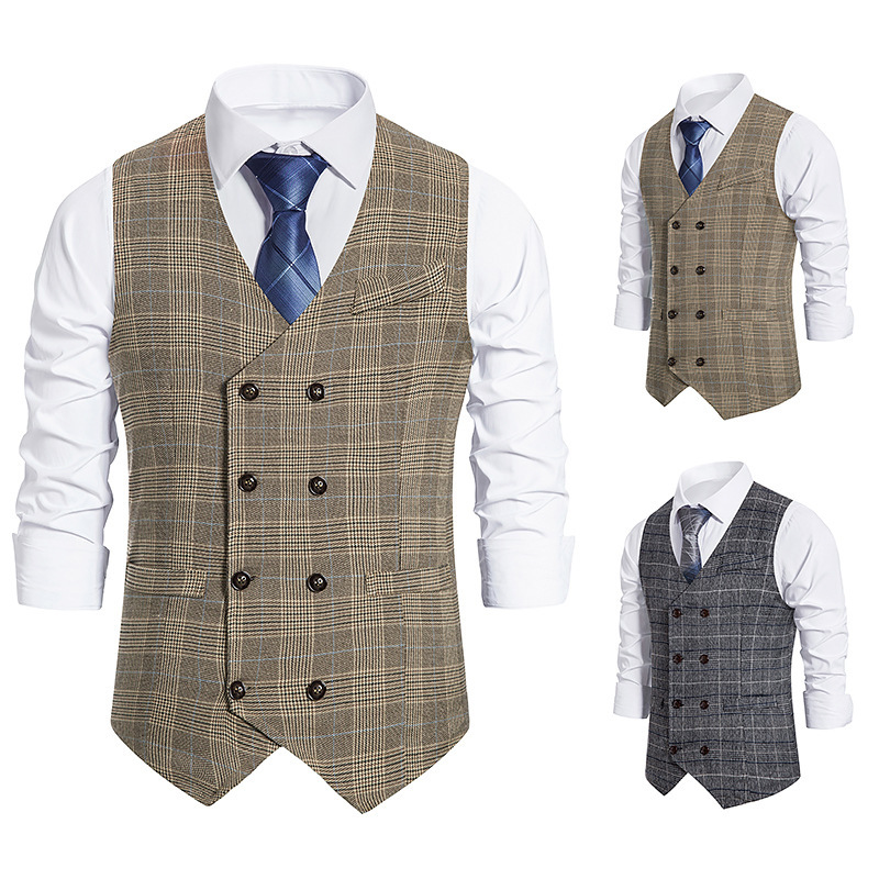 Men's Vests Fall European Code Men's Plaid Double-breasted Vest Suit Retro Waistcoat