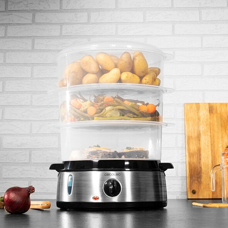 Cecotec Vaporera eléctrica Vapovita 3000 INOX con 800 W, 3 recipientes Independientes, Cuenco para Preparar arroz, Soportes para cocer Huevos, Temporizador 60 Minutos. 2 entradas Laterales de Agua