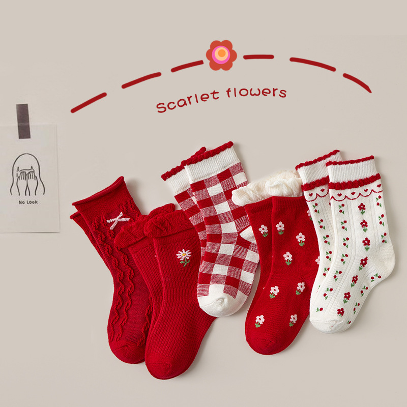 Calzini per bambini calze a forma di fiocco con motivo a fiori calze di pizzo rosse calze per studentesse stivali per neonati Kinder Socken