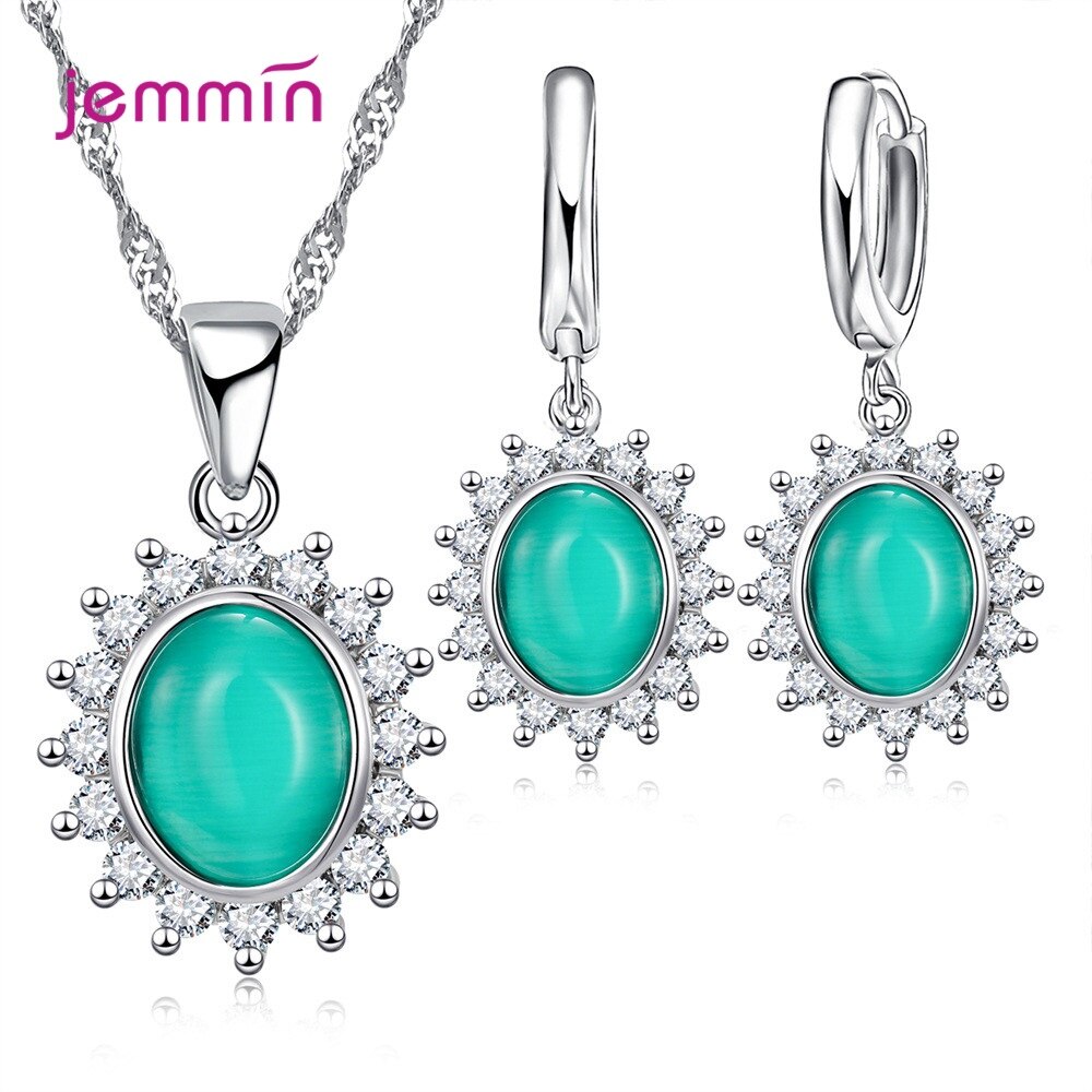 plata 925 conjunto de joyería Oval flor pendientes colgantes en Zircon Collar para mujer aniversario ornamento del cuello mujer