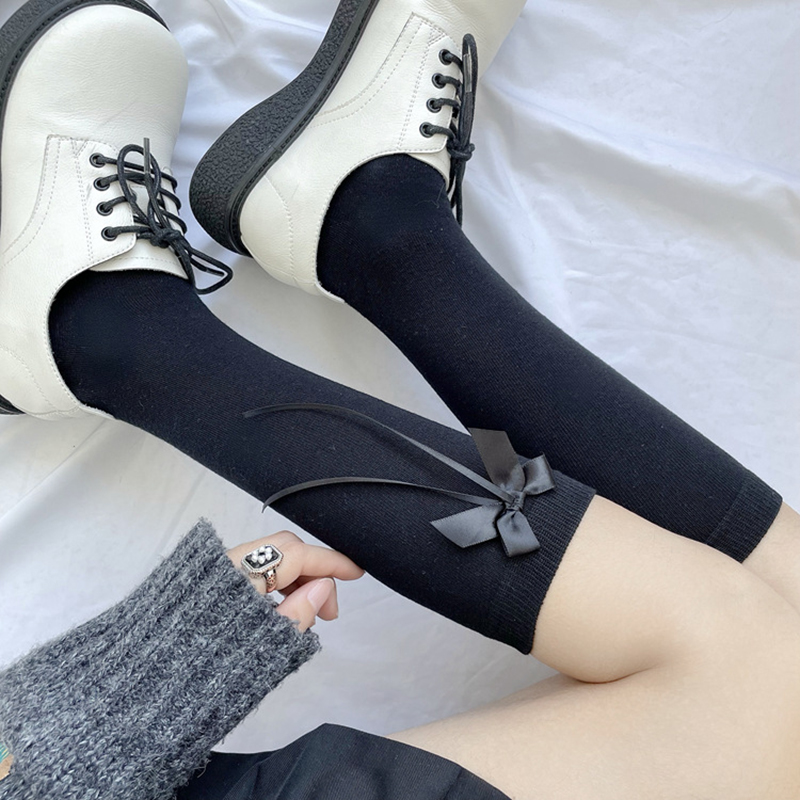 Lolita – chaussettes longues en coton avec nœud papillon pour femme, chaussettes à jambes hautes, blanc, noir, , 2022
