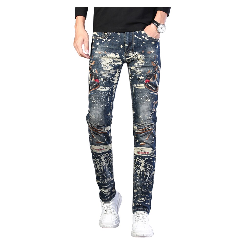 Men's Embroidery Painted Jeans Stretch Denim Slim Pencil Pants Embroidered Trousers