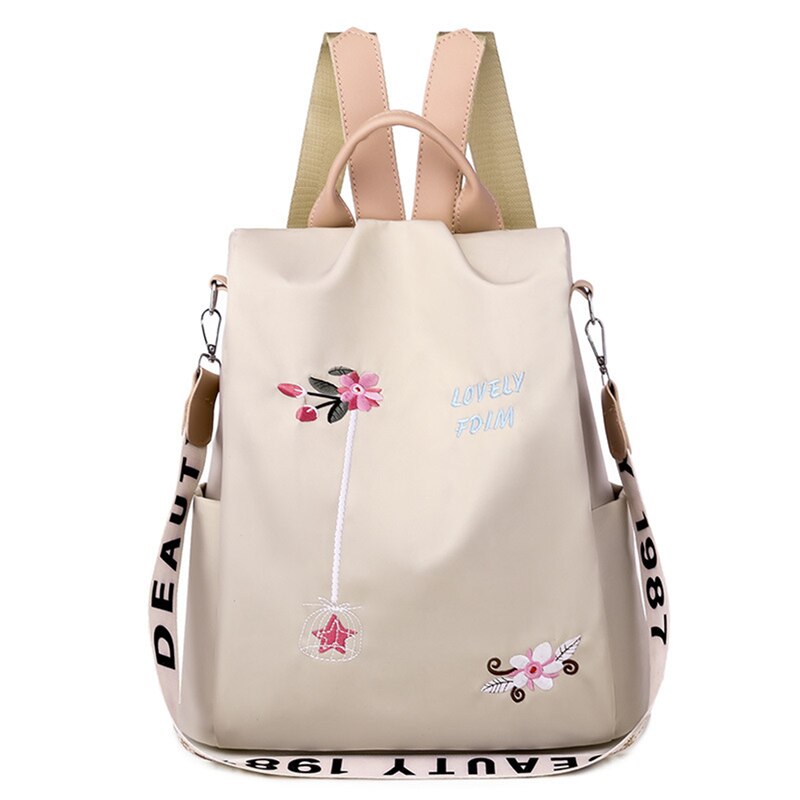 Oxford Vrouwen Rugzak Elegante Bloemen Borduren Schooltassen Waterdicht Vrouwelijke Rugzakken Tienermeisjes: Beige