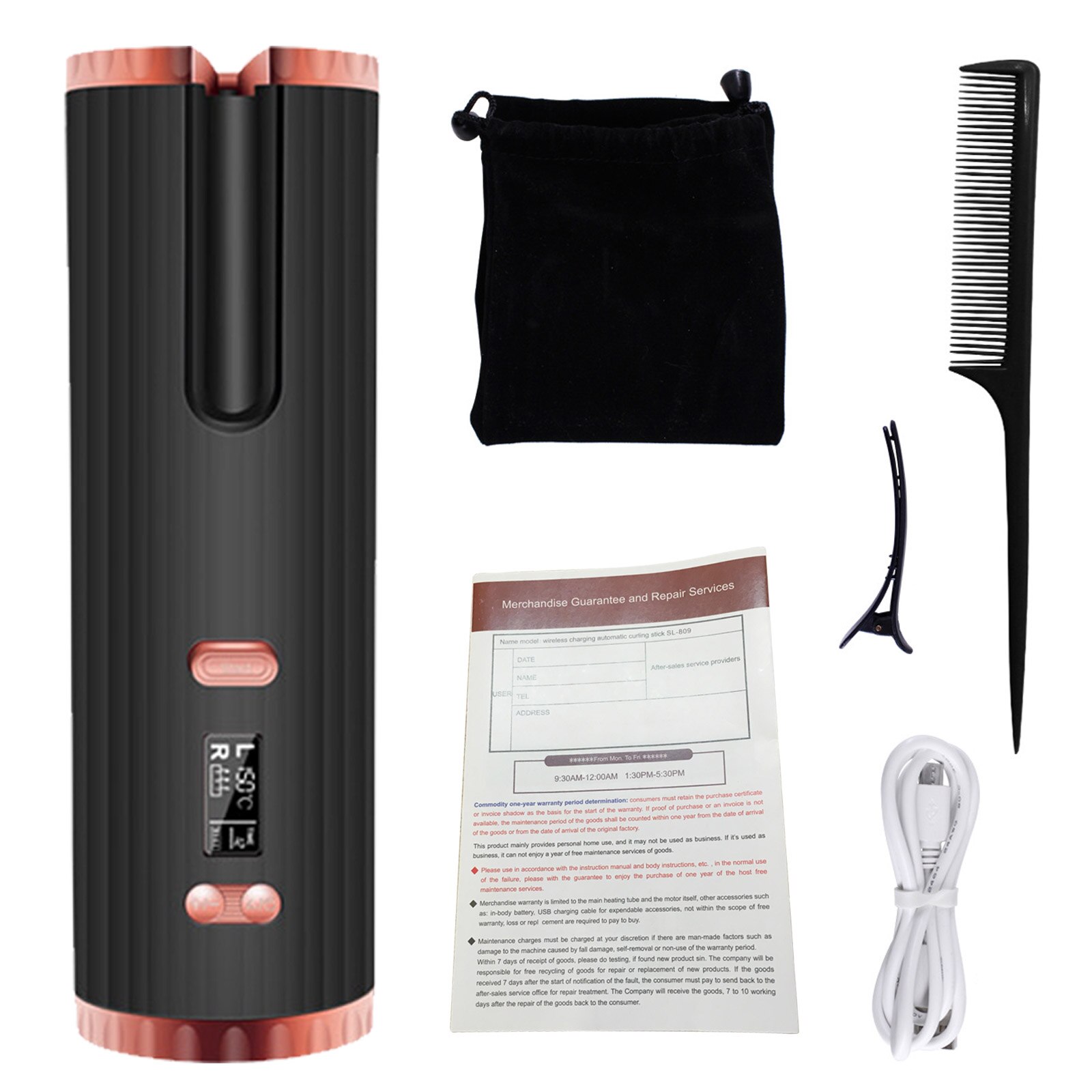 Cordless Automatic Hair Curler Portable Rechargeable Hair Curling Wand Roller Iron with 3 Temperature Settings Timer LCD Display: Black