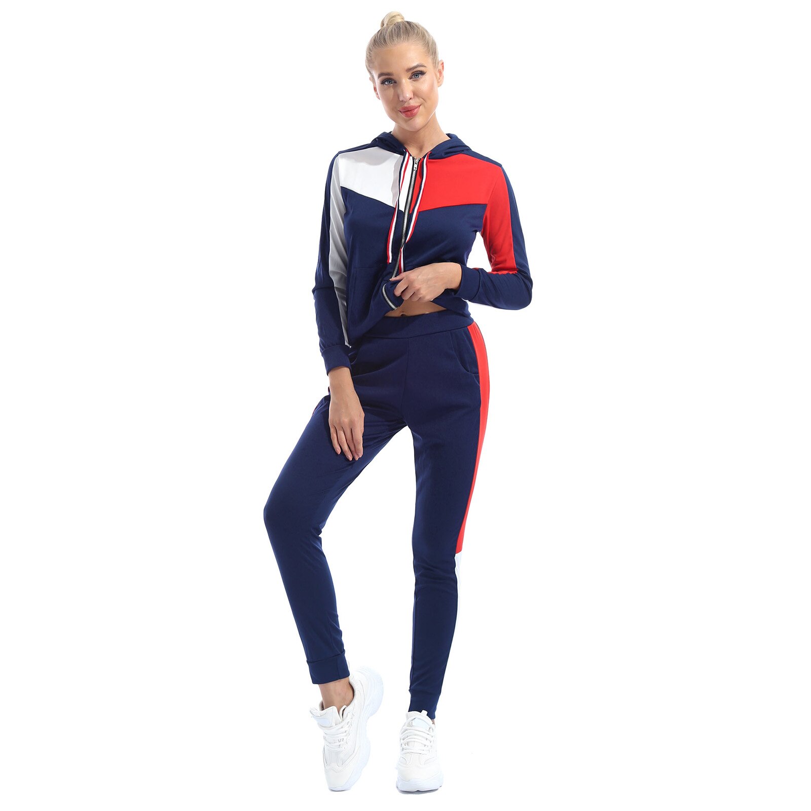 Damen-laufsets, zweiteilig, sportbekleidung, freizeit-trainingsanzüge, Fitness-trainingsanzüge, hoodies, jacken, oberteile und hosen, trainingskleidung: Dunkelblau / S
