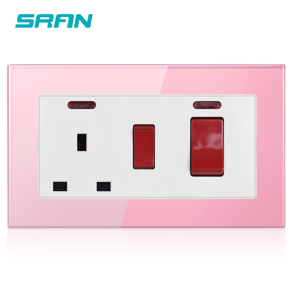 SRAN 45A DP Wall Cooker Switch + 13A BS UK Standard Switched Socket With Neon 3x6 Size Crystal Tempered Glass Panel: Pink A6 With Logo