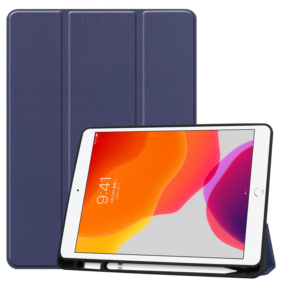 For iPad 7th 10.2" Case A2198 With Pencil Holder Stand Cover For iPad 10.2 Case Auto Sleep / Wake+Screen Protector+pen: Blue