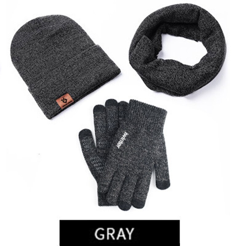 Efterår og vinter hat tørklæde handsker strikket tredelt dragt mænd og kvinder par uld plus fløjl varme handsker sæt: Grå