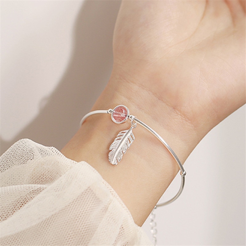 Obear fjer jordbær krystal armringe sølvbelagte temperament kvindelige søde trendy armbånd, der kan ændres størrelse