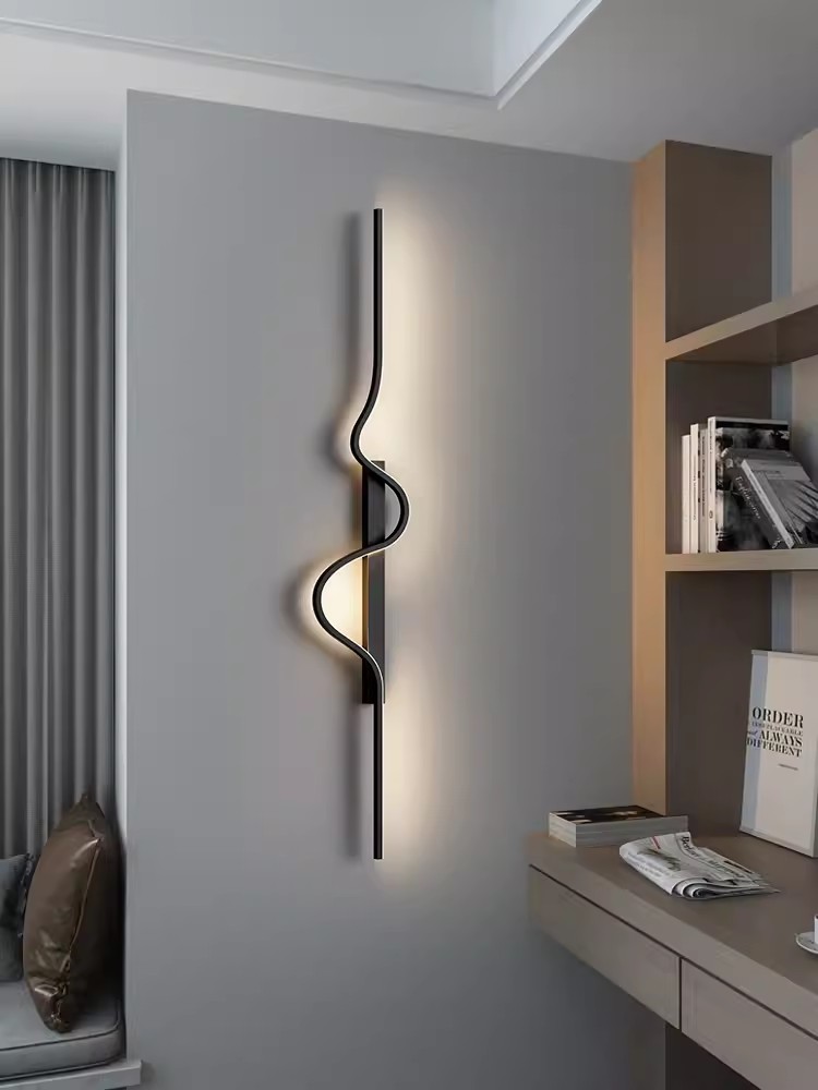 Minimalistisk led-væglampe til sengebord, stue, soveværelse, trappe, korridor, køkken, butik, tv, baggrund, moderne, sort, natbelysning