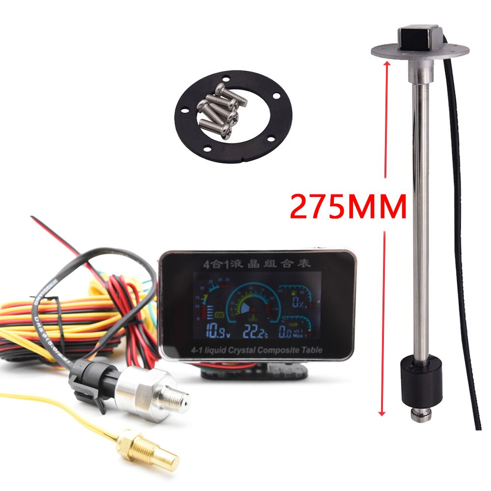 Manomètre numérique LCD 4 en 1 pour voiture, voltmètre, pression d'huile, de carburant, température de l'eau, 1/8 NPT, tableau de bord universel avec capteur 12v/24v: A5-275-190-BG0004
