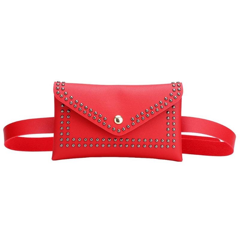 Punk Solid Color Rivet Shoulder Waist Bags Female Girls Fanny Belt Packs Women PU Leather Crossbody Casual Messenger Chest Bags: Red