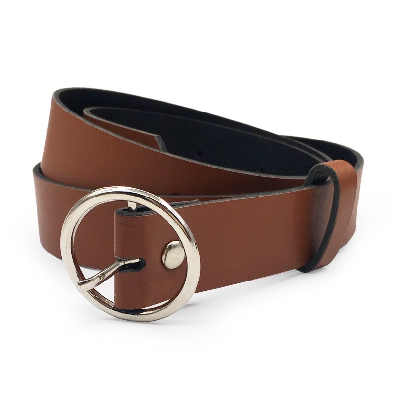 Women Gold Black Silver Big Double Ring Circle Buckle Belt Waistband Female Ladies Wide Leather Straps Belts for Jeans: Style 4 CoffeeSilver