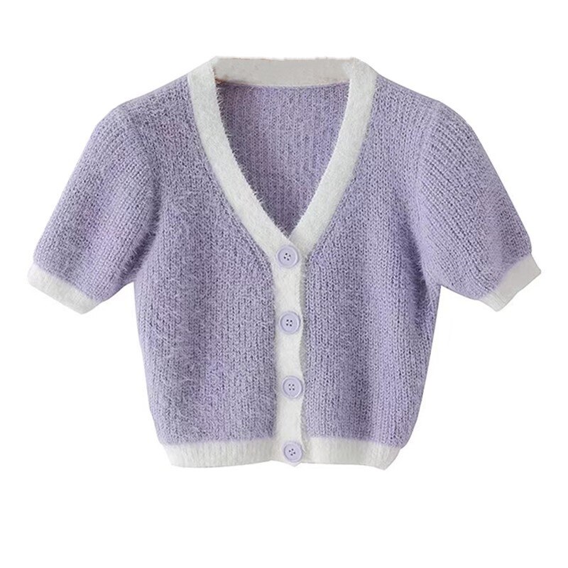 Vrouwen Breien Single-Breasted Button V-hals Cropped Vest Shaggy Trui Cool Girl Blootgesteld Navel Lange Mouwen Jumper: purple short sleeve