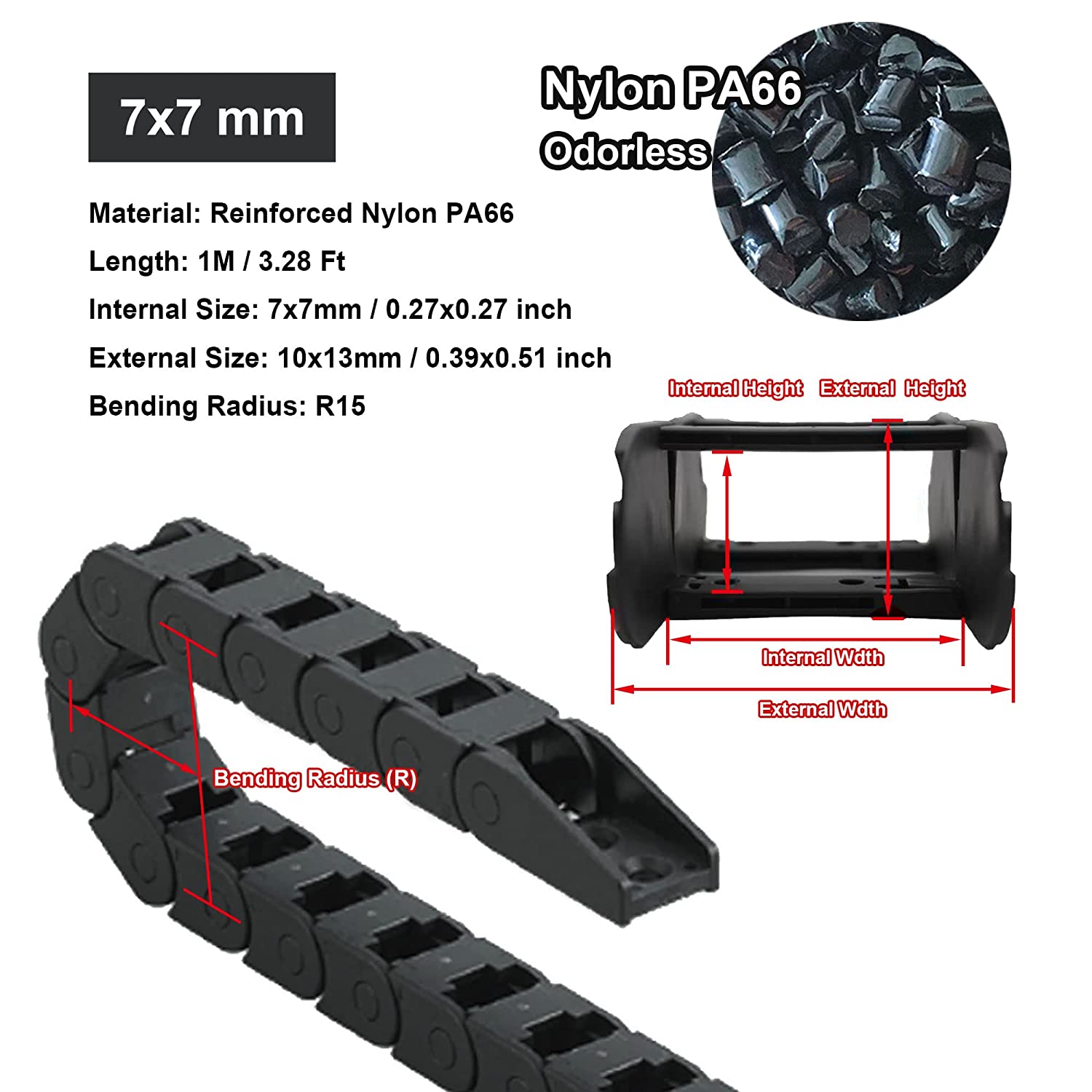 7 x 7mm 7*15mm 10 x 20/30/40 mm l1000mm kabeldrager med endekontakter til cnc-maskinverktøy