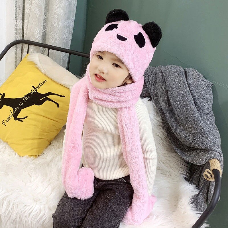 nuevos niños de panda bufanda gorro guantes 3 piezas compatible integrado oído protección estudiante grueso invierno otoño prendas: Rosa / M