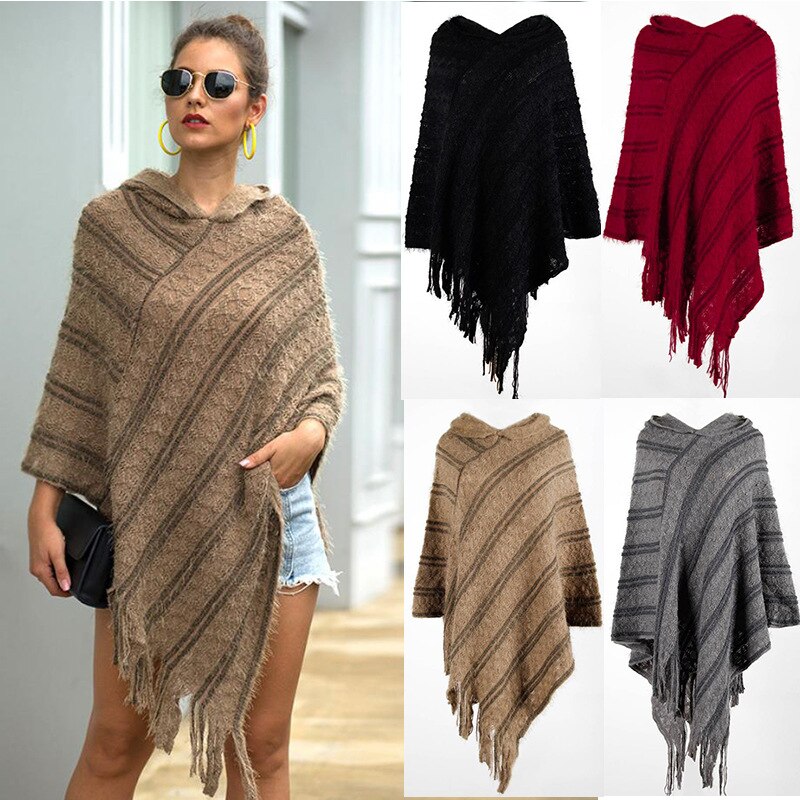 Otoño , manto con capucha para mujer, manto con flecos a rayas, suéter para mujer, Ponchos y capas casuales, ropa de invierno, prendas de vestir para mujer