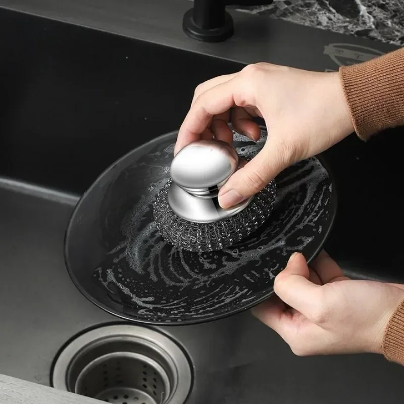 Cepillo para ollas de cocina de acero inoxidable, herramientas de limpieza de bolas de alambre con mango ergonómico, accesorios para lavar platos de cocina casera, 1/6 Uds.