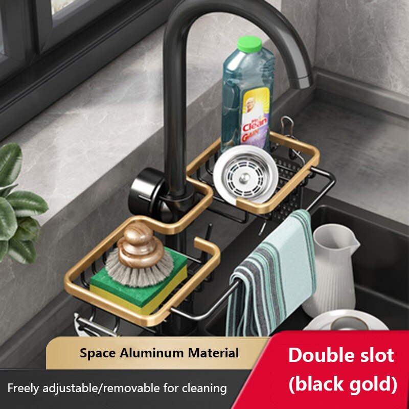 Kitchen Accessory Aluminu Dish Drainer For Sink Rack Storage Holder Soap Dish Drain Shelf Kitchen Organizer Bathroom Accessories: golden black rod 2