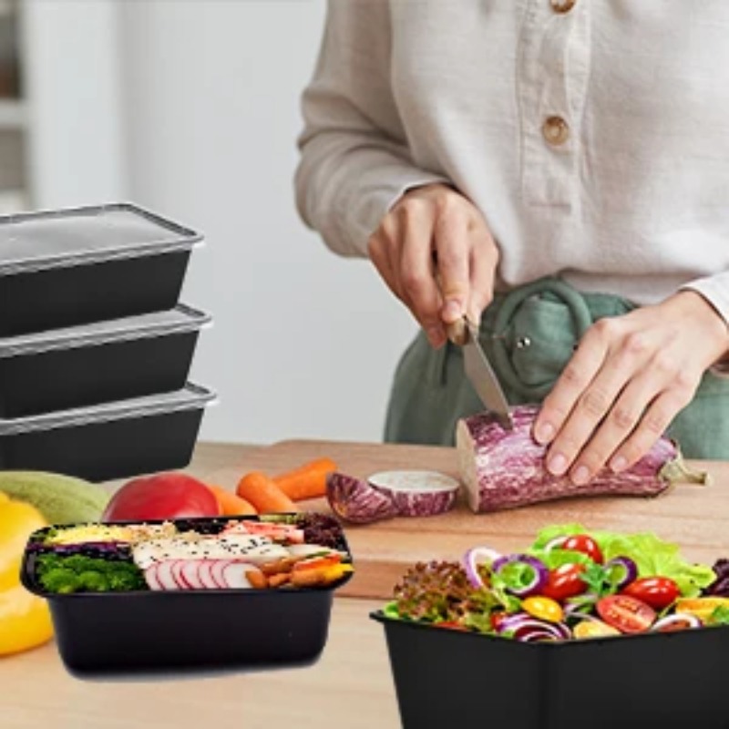 Caja de comida negra para ensalada de frutas, caja de comida para cocina, preparación de comida para llevar, almacenamiento de nevera Bento, contenedores de alimentos a prueba de fugas, 10/20 piezas