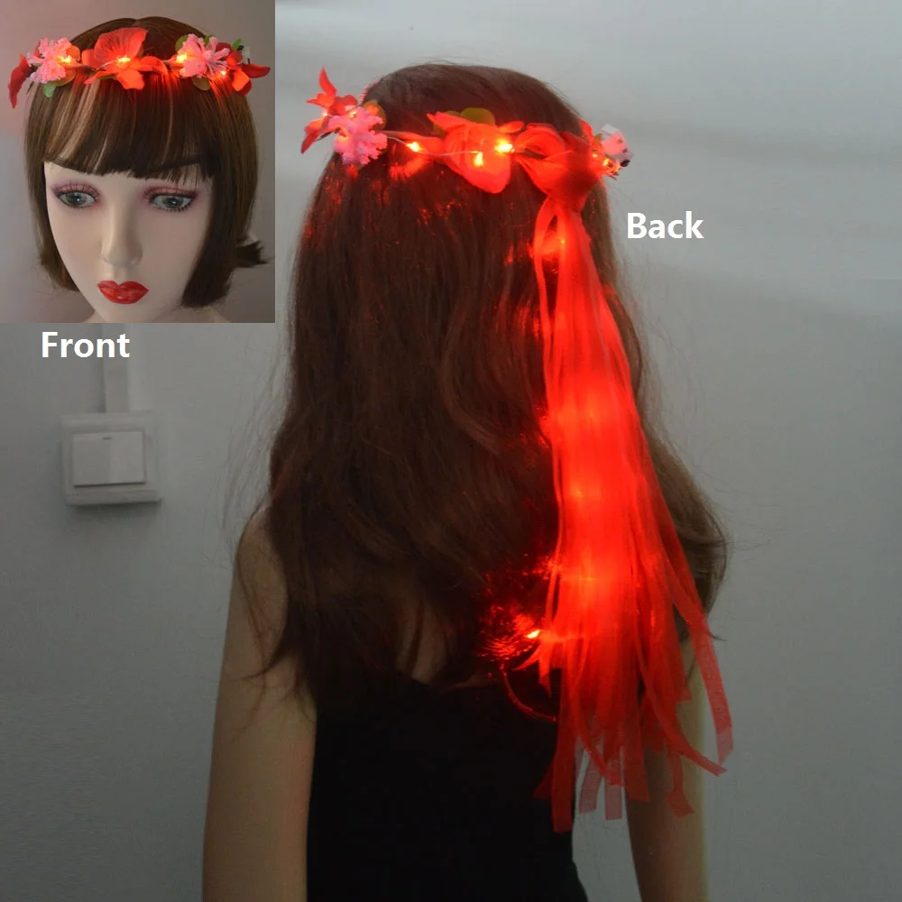 Women Girl Glow Party LED Hawaiian Lei Headband Light Up Flower Ribbon Crown Birthday Wedding Festival: MULTI