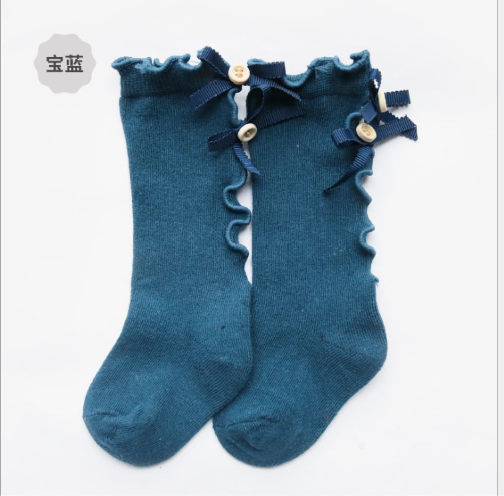 Kids Peuters Meisjes Sokken Grote Boog Knie Hoge Lange Zachte Katoen Kant Baby Solid Herfst Warm Ruches Boog: Blauw / 0-1 Year