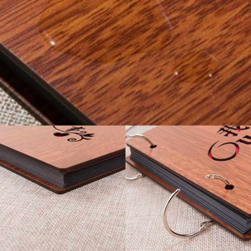 8 inch fotoalbum met houten omslag, liefdesherdenkingskaart, handgemaakt, losbladig houtsnijwerk, geplakt, doe-het-zelf plakboek, zwart vel, trouwalbum