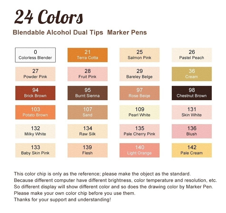 Touchten 12/24 farver tuschpenne blandbar hudfarve kunstmarkører børste markør til kunst manga tegning pen hudfarve pen: 24 farver