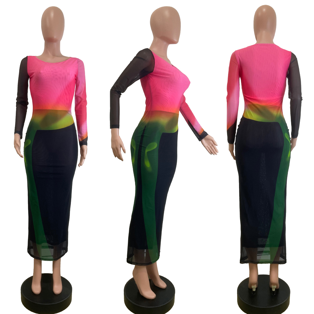 Tie-dye printet mesh-kjole kvinder fuldærmet bodycon maxikjoler aften sexet afslappet fest high street lang kjole