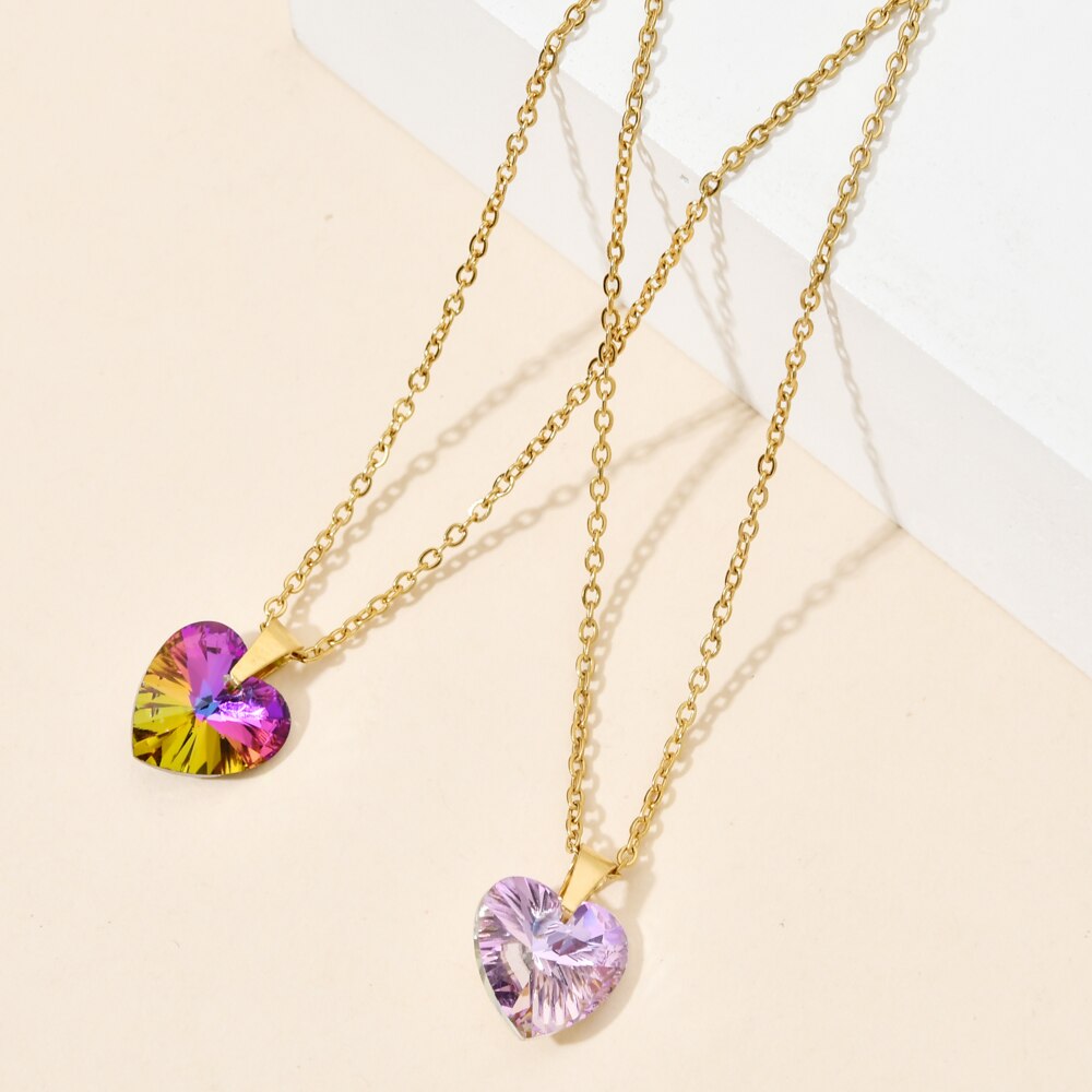 ZMZY Stainless Steel Chain CZ Crystals Heart Necklaces Pendants For Women Girls Necklace Women Clavicle Accessories