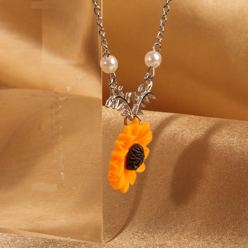 Muzhi Mode Eenvoudige Zonnebloem Hanger Ketting Voor Vrouwen Leaf Pearl Gold Choker Ketting Leuke Meisje Verjaardag Sieraden