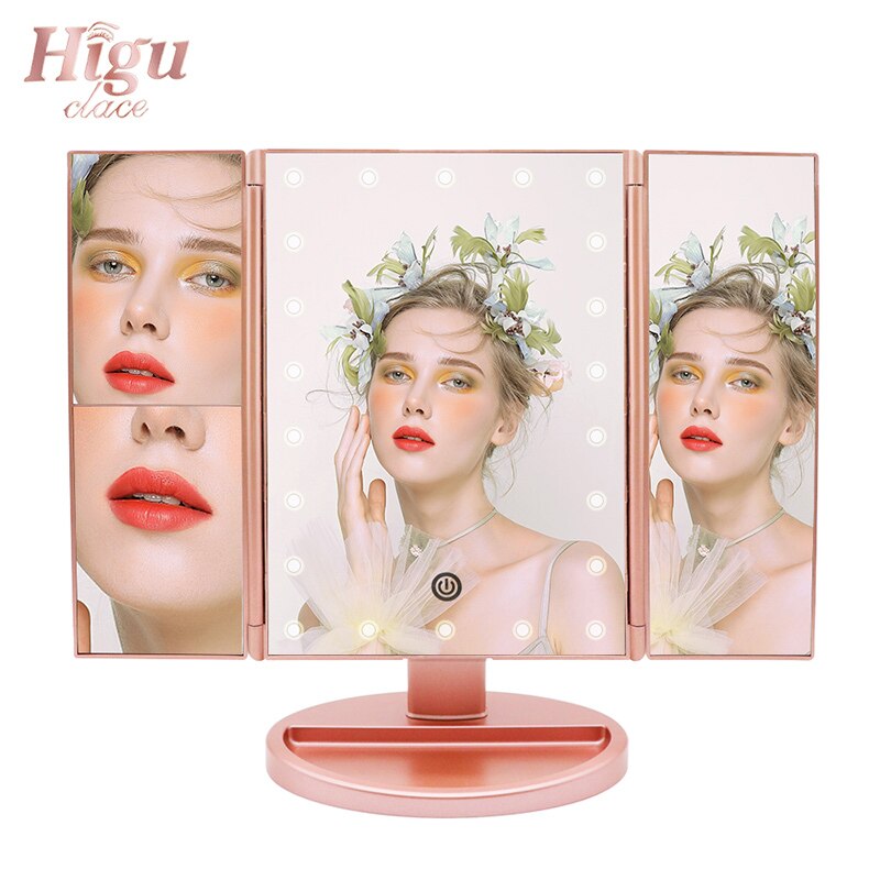 Higu Tri-folded Table Makeup Mirror LED Light Touch Screen Fold Mirrors 180 Degree Adjustable Table Cosmetic Tool