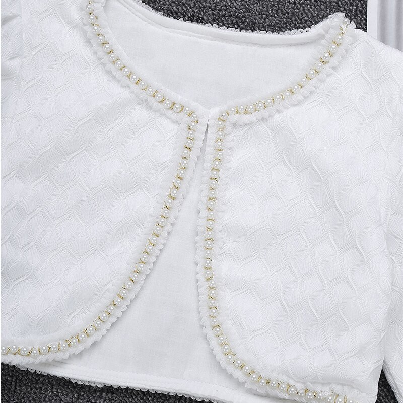 Chictry piger balsal ballet toppe kort jakke danse slid hvid langærmet blonder med perler en knap til børn bolero skuldertræk cardigan