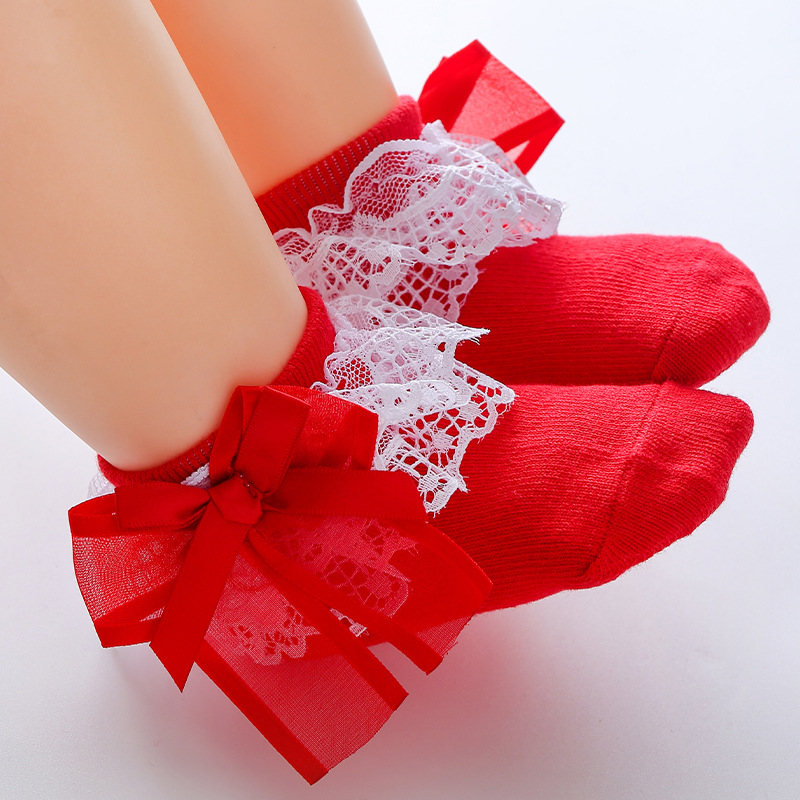 Calzini per bambini di capodanno calzini per ragazze a vento principessa primavera pizzo di puro cotone calzini di pizzo per bambini di 2 anni calza da ballo autunnale rossa grande: Rosso / 1-3 year