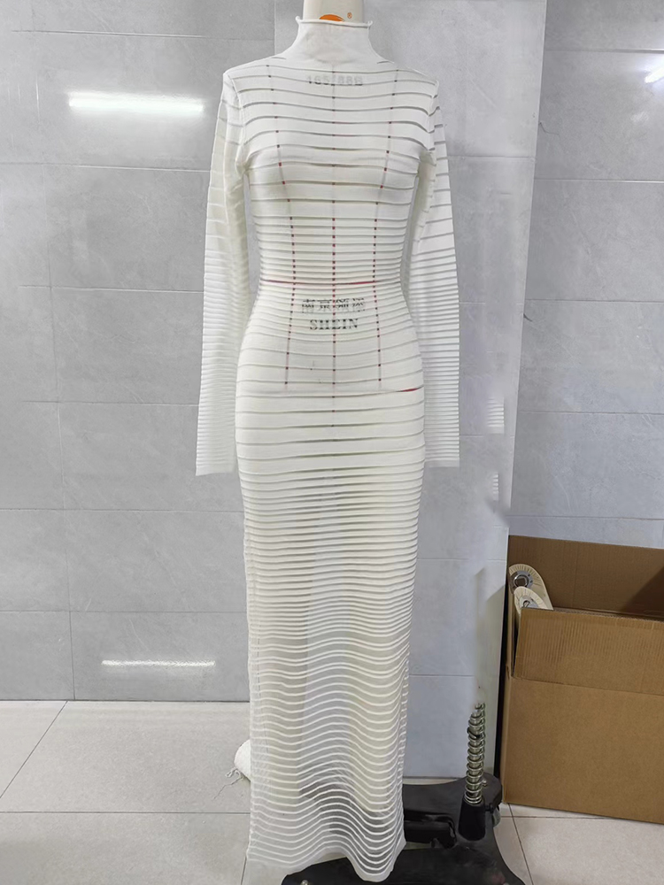 Julissa Mo Gebreide Sexy Doorziende Maxi Jurk Voor Vrouwen Roze Coltrui Lange Mouw Avondjurk Zomer Skinny Elegante Strandkleding