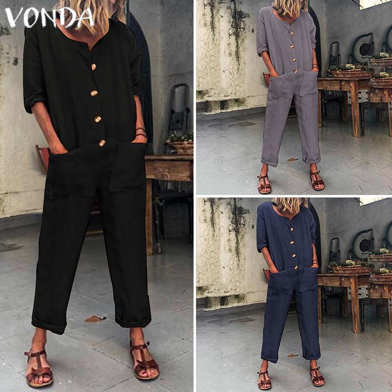 Vonda kvinna höst bomullsbyxor dam jumpsuits knapp kontor dam playsuit casual lösa pantalon plus size byxor