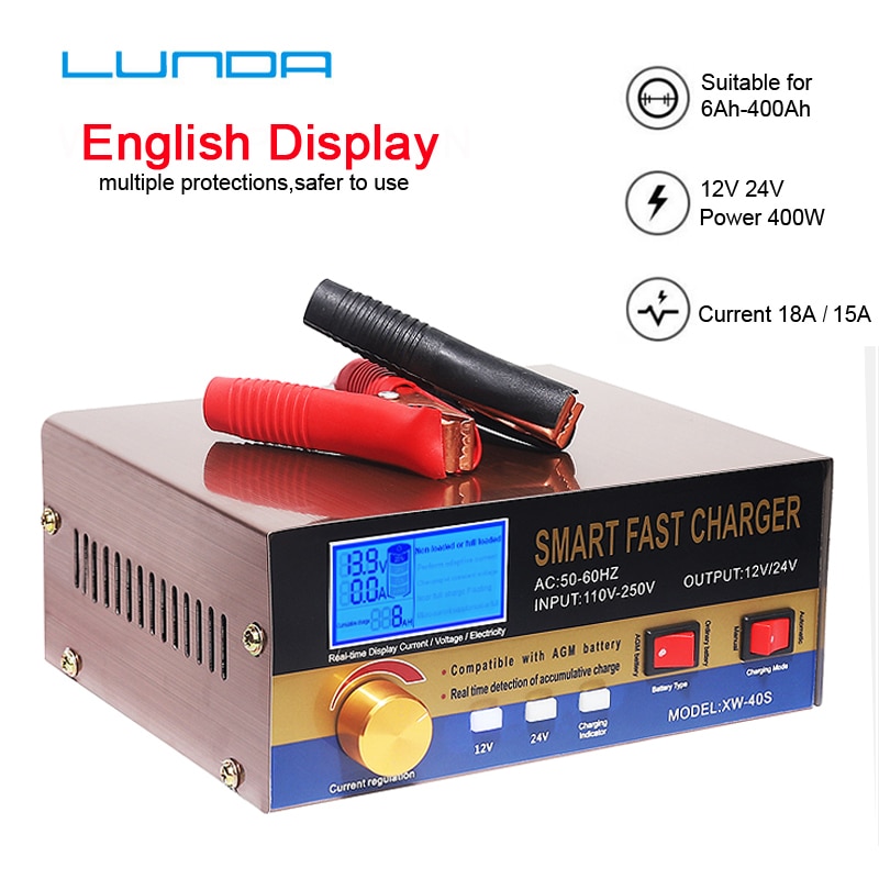 AGM Start-stop Car Battery Charger, 400W Intelligent Pulse Repair Lead acid Battery Charger 12V 24V Truck Motorcycle Charger