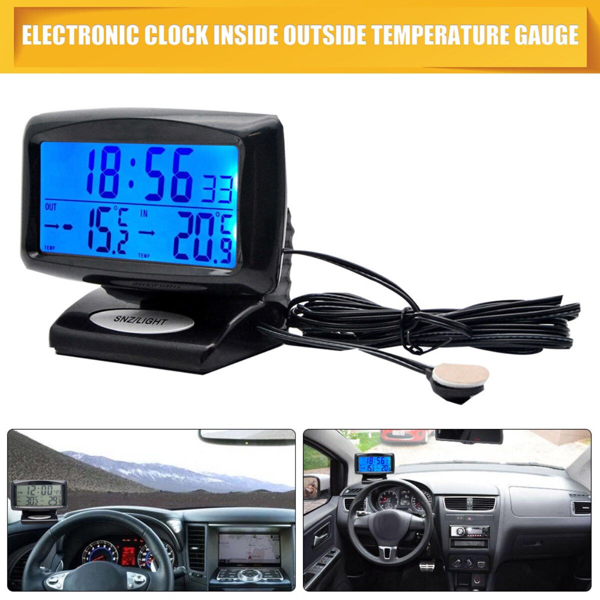 Bil digitalt kompas med ur ind / ud termometer kalenderfunktion lysende
