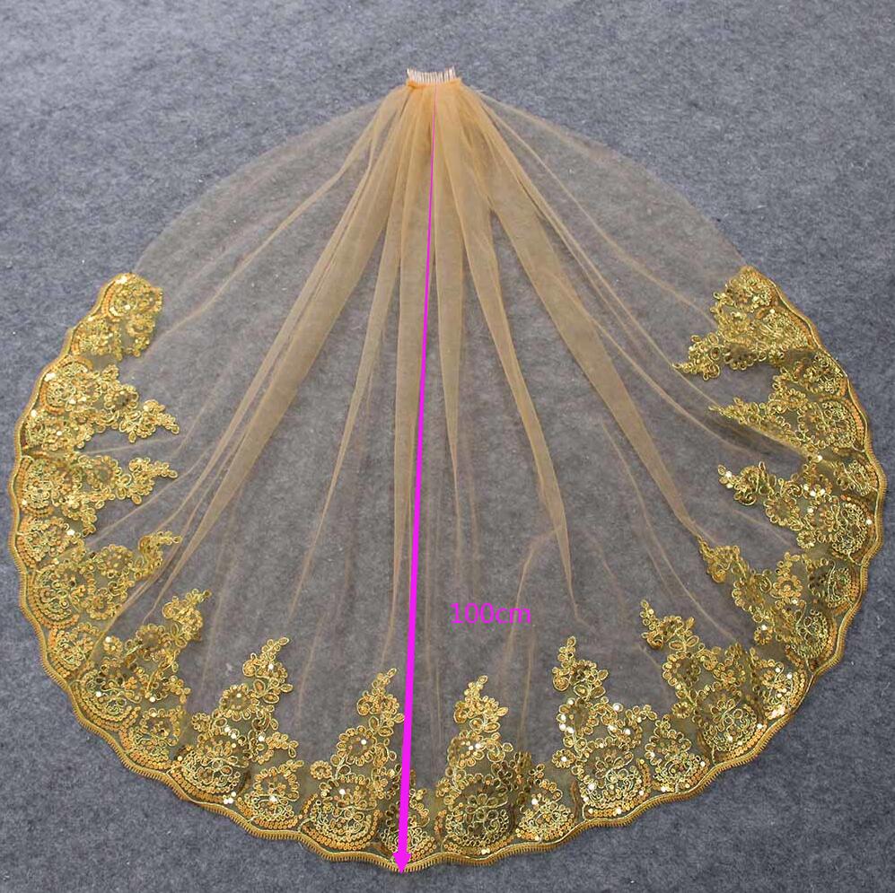 Gouden Bruiloft Sluier Korte Sluier met Gedeeltelijke Kant Bling Pailletten Goud Kleur Lace Bridal Veil met Kam Bruiloft Accessoires