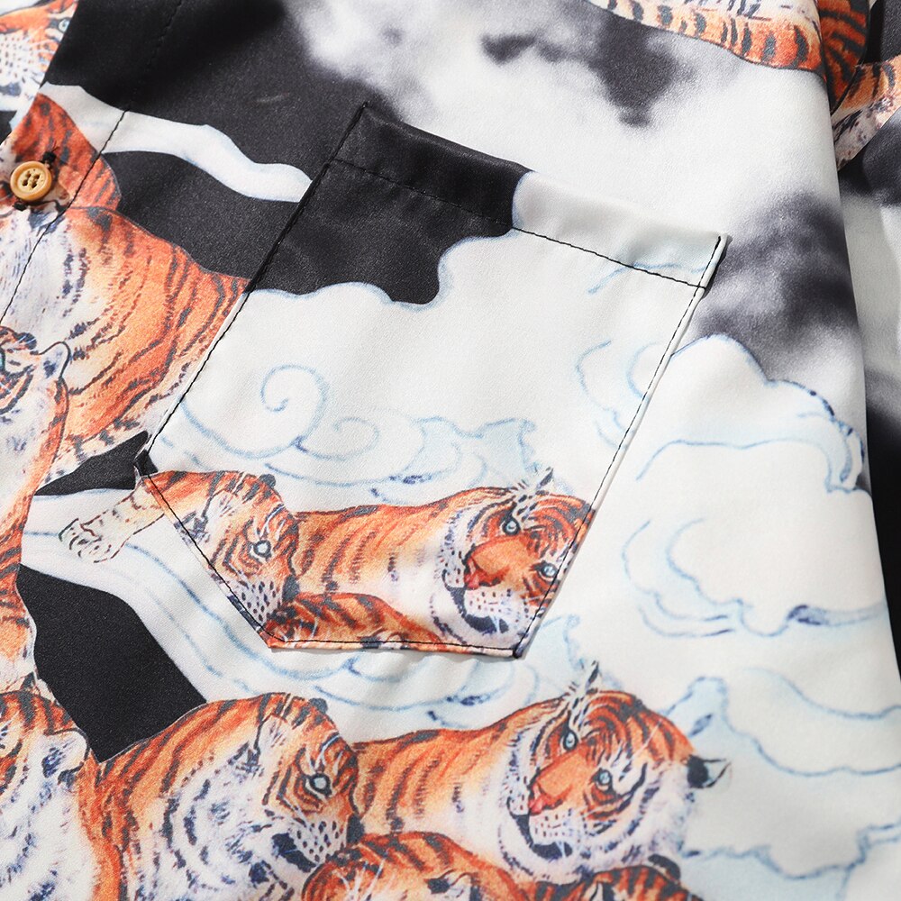 Zomer heren overhemd etnisch bedrukt tijgerprint kraag katoenen korte mouwen los bloemen henley overhemd bloemen overhemd