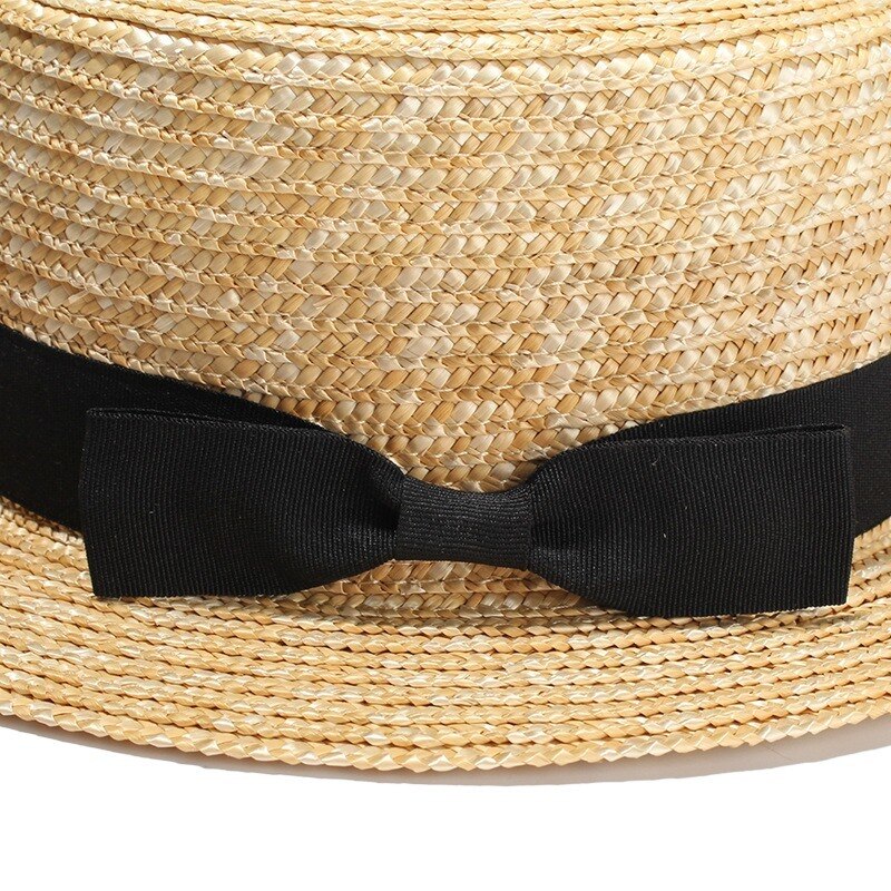 Sun Hats Natural Wheat Straw Boater Top Hat Women Summer Beach Flat Brim Cap Bowknot Ribbon for Sombreros De Sol