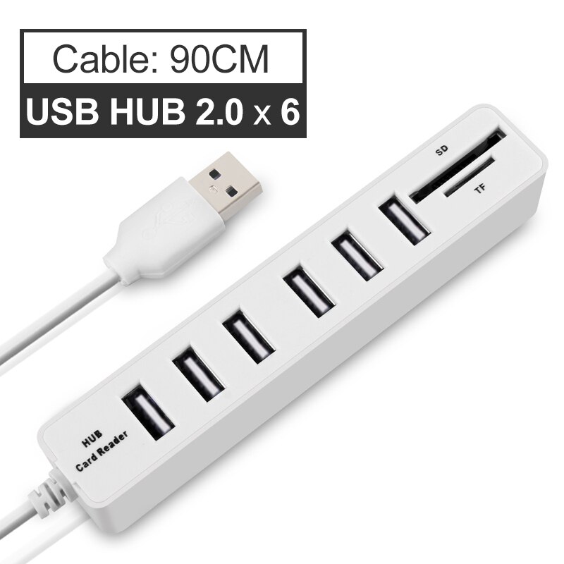 Hub multi USB 3.0/2.0 haute vitesse, 3/6 ports et lecteur de carte SD/TF, adaptateur tout-en-un, accessoires pour ordinateur: White 6 Ports 2.0