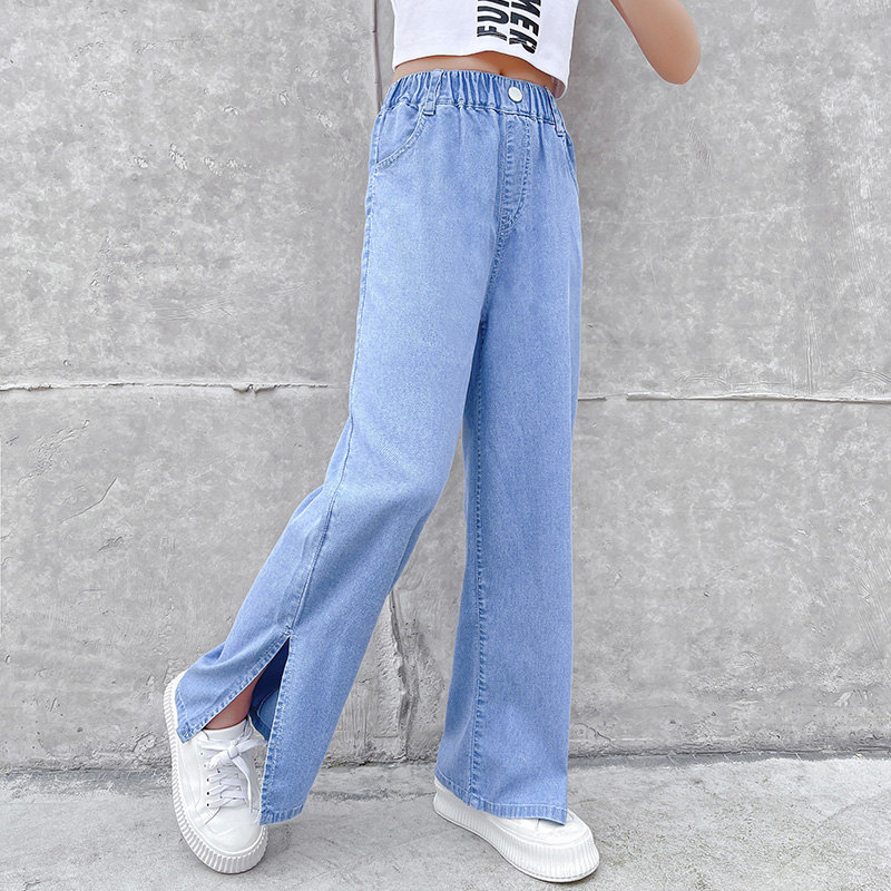 Teen Girls Summer Elastic Waist Wide-Leg Pants Loose Soft Split Denim Trousers Students Jeans 6 8 10 12 13 14 Years Old: 14