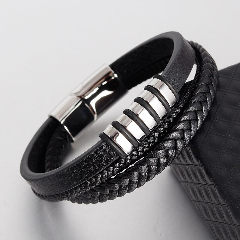 Naiqube læderarmbånd mænd luksus flerlags flettet reb wrap armbånd til mænd lås armbånd håndlavede smykker: 1