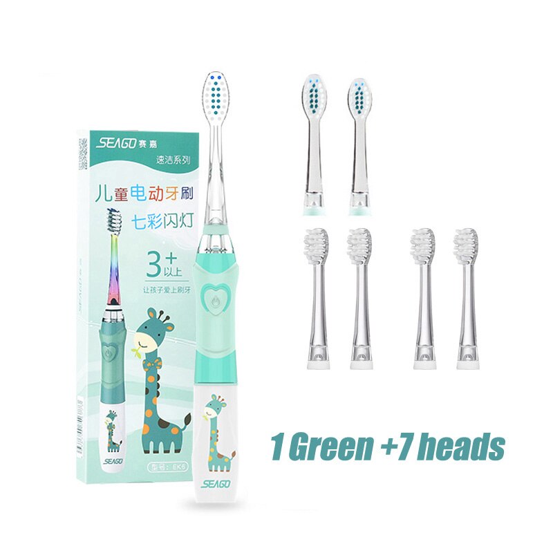 Seago Kids' Electric Toothbrush Powered Battery Smart Timer ToothBrush Soft Bristle Brush Head Kids Oral Care Colorful LED: Green 7 heads