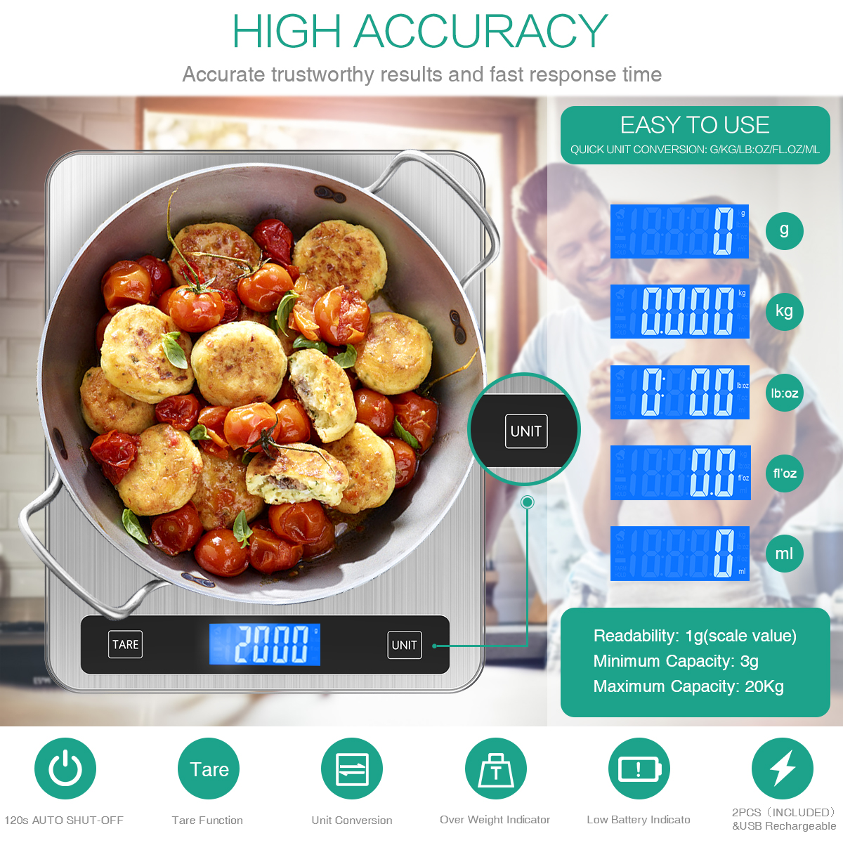 Báscula de cocina Digital de 20Kg/1g, balanza alimentada por USB, báscula de alimentos multifunción para hornear, cocina, báscula electrónica de pesaje para el hogar