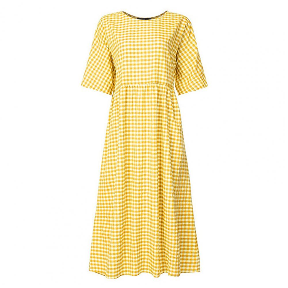 Short Sleeve Dress Stylish Check Print Maxi Dress for Women A-line Silhouette Short Sleeves Pleated for Commuting Dating: XL / Yellow